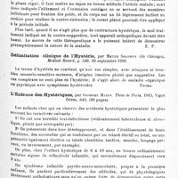 0097 - Page 91 - Analyses. Neurologie. Études spéciales. Névroses. Camptocormies hystériques et spondylites typhiques, par M. Chiray et E. Roger. Presse médicale... / Délimitation clinique de l'hystérie, par Meyer Solomon... Medical Record... / L'enfance des hystériques, par Georges Madin. Thèse de Paris, 1915...