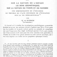 0125 - Page 113 - Mémoires originaux. Neurologie. III. Sur la notion de l'espace (le sens géométrique) sur la notion du temps et du nombre. Une démonstration de l'influence du trouble de l'acte psychique de l'évocation sur la vie intellectuelle, par W. van Woerkom...