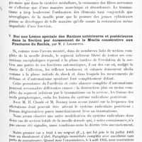 0147 - Page 135 - Société de neurologie de Paris. Séance du 6 février 1919. Communications et présentations. IV. Sur la régénération des racines postérieures dans la section complète de la moelle dorsale, par M. J. Lhermitte / V. Sur une lésion spéciale des racines antérieures et postérieures dans la section par écrasement de la moelle consécutive aux fractures du rachis, par M. J. Lhermitte
