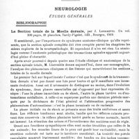 0156 - Page 144 - Analyses. Neurologie. Études générales. Bibliographie. La section totale de la moelle dorsale, par J. Lhermitte..., Tardy-Pigelet, édit., Bourges, 1919
