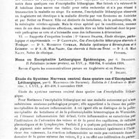 0168 - Page 156 - Analyses. Neurologie. Études spéciales. Encéphale. Rapport sur une enquête concernant une maladie d'origine obscure, l'encéphalite léthargique, par Arthur Newsholme, S.-P. James, A-S. Mac Nalty, G. Marinesco, J. Mac Intosh, George Draper, Carnwath et S. Monckton Copeman. Reports to the local Goverment Board on Public Health and Medical Subjects... / Nona ou encéphalite léthargique épidémique, par G. Dragotti. Il Policlinico (sezione pratica)... / Étude du système nerveux central dans quatre cas d'encéphalite léthargique, par G. Marinesco... Bulletin de l'Académie de médecine...
