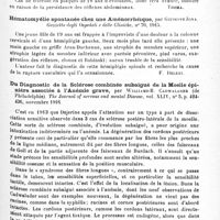 0173 - Page 161 - Analyses. Neurologie. Études spéciales. Moelle. Un cas de sclérose postéro-latérale consécutive à l'infection streptococcique. Transmission au lapin sous forme de myélite, par Edward-M. Williams. Journal of nervous and mental Disease... / Cas de sclérose en plaques avec réflexes abdominaux, par Hugh-T. Patrick. American neurological Association... Journal of nervous and mental Disease... / Hématomyélie spontanée chez une aménorrhéïque, par Giuseppe-Jona. Gazzetta delgi Ospedali e delle Cliniche... / Du diagnostic de la sclérose combinée subaiguë de la moelle épinière associée à l'anémie grave, par Williams-B. Cadwalader... The Journal of nervous and mental Disease...
