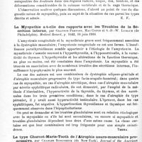 0176 - Page 164 - Analyses. Neurologie. Études spéciales. Dystrophies. Un cas de myopathie du type scapulo-huméral chez l'adulte, par A. Courjon et J. Charlier. Revue de médecine... / La myopathie a-t-elle des rapports avec les troubles de la sécrétion interne, par Grayson Prevost, Mac Couch et S.-D.-W. Ludlum... Medical Record... / Le type Charcot-Marie-Tooth de l'atrophie neuro-musculaire progressive, par Charles Rosenheck... Journal of the American medical Association... / A propos de quelques cas de pseudo-hypertrophie musculaire, par Aldo Agosta. L'Ospedale maggiore...
