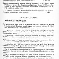 0183 - Page 171 - Analyses. Psychiatrie. Études générales. Sémiologie. Troubles mentaux au cours de la nasomyasis, par Waldemar de Almeida. Communication au 1er Congrès pauliste de médecine... / Déductions cliniques basées sur la présence de l'acétone dans l'urine au cours des psycholses aiguës, par George-W. Mills et Raymond-G. Wearne. Psychiatric Bulletin of the New-York State Hospitals... / Études spéciales. Psychoses organiques. Le spirochète pâle dans le système nerveux central du foetus à terme d'une démente paralytique, par Augusto Gianelli. Il Policlinico, sezione pratica... / Spirochète pâle et paralysie générale, par C. Papastratigakis. Thèse de Lyon..., 1916