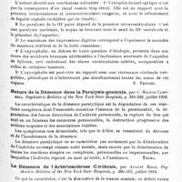 0185 - Page 173 - Analyses. Psychiatrie. Études spéciales. Psychoses organiques. Un cas de paralysie générale, par Mesonero Romanos. Anales de la Academia medico-quirurgica espanola... / Paralysie générale chez une oxycéphalique, par H. Flournoy. Nouvelle iconographie de la Salpêtrière... / Nature de la démence dans la paralysie générale, par C.-Macfie Campbell. Psychiatric Bulletin of the New York State Hospitals... / La démence de l'artériosclérose cérébrale, par August Hoch. Psychiatric Bulletin of the New York State Hospitals... / Paralysie générale conjugale. Un cas, par H.-H. Drysdale. The Journal of the American medical Association...
