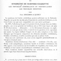 0199 - Page 187 - Mémoires originaux. Neurologie. II. Syndrome de Babinski-Nageotte. Les troubles cérébelleux et vestibulaires. Les troubles sensitifs, par Paul Descomps et Quercy