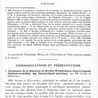 0311 - Page 297 - Société de neurologie de Paris. Séance du 3 avril 1919. Sommaire / Communications et présentations. I. Constance de la réaction de Bordet-Wassermann dans le liquide céphalo-rachidien des paralytiques généraux, par MM. Sicard et Hagueneau