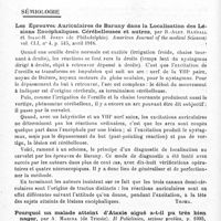 0344 - Page 330 - Analyses. Neurologie. Études générales. Anatomie et histologie. Contribution à l'étude microscopique du faisceau de His, par L. Calandre et P. Carrasco. Boletin de la Sociedad espanola de Biologia... / Sémiologie. Les épreuves auriculaires de Barany dans la localisation des lésions encéphaliques, cérébelleuses et autres, par B.-Alex. Randall et Isaac-H. Jones... American Journal of the medical Sciences... / Pourquoi un malade atteint d'ataxie aiguë a-t-il pu très bien nager, par A. Marina... Il Policlinico, sezione pratica...