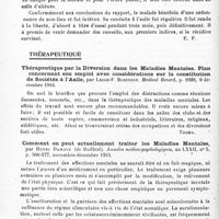 0380 - Page 366 - Analyses. Psychiatrie. Études générales. Médecine légale. Un exhibitionniste impulsif. Rapport médico-légal, par Georges Vernet. Annales médico-psychologiques... / Thérapeutique. Thérapeutique par la diversion dans les maladies mentales. Plan concernant son emploi avec considérations sur la constitution de Sociétés à l'asile, par Leigh-F. Robinson. Medical Record... / Comment on peut actuellement traiter les maladies mentales, par Henri Damaye... Annales médico-psychologiques... / Traitement de l'anxiété par la trinitrine, par César Juarros. Anales de la Academia medico-quirurgica espanola...
