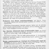 0559 - Page 535 - Analyses. Neurologie. Études spéciales. Moelle. Expérimentation chez le lapin sur la question de la poliomyélite, par M.-J. Rosenau et L.-C. Havens. Journal of Experimental Medicine... / Production d'un sérum antipoliomyélitique, par John-W. Nuzum... Journal of the American medical Association... / Une réaction d'immunité dans la poliomyélite aiguë, par George Mathers et Ruth Tunnicliff... Journal of the American medical Association... / Études expérimentales sur l'étiologie de la poliomyélite aiguë épidémique, par John-W. Nuzum et Maximilian Herzog... Journal of the American medical Association... / Note sur la poliomyélite et sur le syndrome préparalytique, par Louis Fischer... Medical Record...