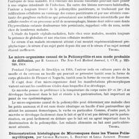 0564 - Page 540 - Analyses. Neurologie. Études spéciales. Moelle. Contribution à l'étude de la pression artérielle dans quelques maladies du système nerveux (Poliomyélite aiguë, myopathie, hémiplégie), par Sonia Grimboïne, Thèse de Paris... 1918 / La poliomyélite ; notes anatomo-pathologiques et étude expérimentale, par R. Webster. Medical Journal of Australia... / Le micro-organisme causal de la poliomyélite et son mode probable de diffusion, par H. Greeley. The New-York Medical Journal... / Démonstration histologique de microcoques dans les tissus poliomyélitiques, par George Mathers, L. Hektoen et Leila Jackson. Transactions of the Chicago pathological Society... / Action bactéricide du glycérol sur les microcoques trouvés dans les tissus dans des cas de poliomyélite, par George Mathers et Georges-H. Weaver. Transactions of the Chicago pathological Society...