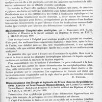 0567 - Page 543 - Analyses. Neurologie. Études spéciales. Troubles trophiques. Hérédo-syphilis osseuse tardive et maladie de Paget, par Burnier, Annales des maladies vénériennes... / Contribution à l'étude de l'ostéite déformante progressive (Maladie de Paget), par Mlle Wasertreger. Thèse de Paris..., 1918 / Malformations congénitales multiples, par L. Babonneix et H. David. Bulletins et mémoires de la Société médicale des hôpitaux de Paris... / Hippocratisme des doigts et aphasie de Broca chez un syphilitique, avec aortite et insuffisance sigmoïdienne, par Laignel-Lavastine et Victor Ballet. Bulletins et mémoires de la Société médicale des hôpitaux de Paris...