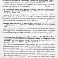 0573 - Page 549 - Analyses. Neurologie. Études spéciales. Névroses. Éléments de prédisposition et causes déterminantes des troubles secondaires de l'hystérie (l'immobilisation ou l'utilisation vicieuse ; le terrain circulatoire ; l'état mentale). Le « Syndrome dystinétique », par G. Roussy, J. Boisseau et M. D'Oelsnitz. Presse médicale... / Camptocormie, par George-W. Hall. Journal of the American medical Association... / Plicature vertébrale et distorsion vertébrale antalgiques, par John Saliba. Journal of the American medical Association... / Les phréno-névroses. Gros ventre de guerre ou ventre accordéon. Bruits de croassement abdominaux, par D. Denéchau. Presse médicale... / Dyspnée névropathique et tuberculose pulmonaire, par Ch. Aubertin et Mlle Joffé. Journal de médecine et de chirurgie pratiques... / Traitement des contractures névropathiques des membres inférieurs par la rachianesthésie combinée avec la physio-psychothérapie, par Henri Meuriot et Jean Lhermitte. Archives de médecine et de pharmacie militaires...