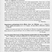 0574 - Page 550 - Analyses. Neurologie. Études spéciales. Névroses. Traitement des contractures névropathiques des membres inférieurs par la rachianesthésie combinée avec la physio-psychothérapie, par Henri Meuriot et Jean Lhermitte. Archives de médecine et de pharmacie militaires... / Impotence pithiatique de la main chez un officier, par L. Rimbaud. Société médico-chirurgicale de la 15e Région..., in Marseille médical... / Les troubles nerveux et psychiques consécutifs à la guerre navale, par A. Hesnard. Archives de médecine et de pharmacie navales...