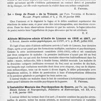 0578 - Page 554 - Analyses. Psychiatrie. Les enseignements méthodologiques et la signification de la psychoanalyse, par H. Colin et R. Mourgue. Société médico-psychologique... Annales médico-psychologiques... / Le « Coup de fouet » de la volonté, par Paul Voivenel et Raymond Mallet. Progrès médical... / Aliénés militaires admis à l'asile de Limoux en 1916 et 1917, par C. Rougé. Annales médico-psychologiques... / L'instabilité mentale des psychopathes de guerre, par Fr. del Greco. Rivista italiana di Neuropatologia, Psichiatria ed Elettroterapia... / Les impulsions suicides chez les militaires psychopathes, par Andrea Cristiani. Rivista italiana di Neuropatologia, Psichiatria ed Elettroterapia...