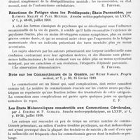 0581 - Page 557 - Analyses. Psychiatrie. Dipsomanie avec épilepsie par hérédo-alcoolisme, présentation de malade, par Laignel-Lavastine et G. Noguès. Société médico-psychologique... Annales médico-psychologiques... / Réactions de fatigue chez les prédisposés ; états paranoïdes, par Raymond Mallet et Paul Meunier. Annales médico-psychologiques... / Note sur les commotionnés de la guerre, par Henry Damaye. Progrès médical... / Les états mélancoliques consécutifs aux commotions cérébrales, par J. Euzière et P. Guiraud. Annales médico-psychologiques... / Deux cas d'anxiété mélancolique post-ménopausique, par A. Vigouroux. Société médico-psychologique... Annales médico-psychologiques...