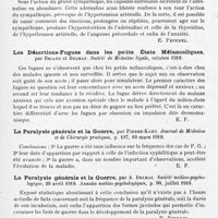 0582 - Page 558 - Analyses. Psychiatrie. Deux cas d'anxiété mélancolique post-ménopausique, par A. Vigouroux. Société médico-psychologique... Annales médico-psychologiques... / Les désertions-fugues dans les petits états mélancoliques, par Briand et Delmas. Société de médecine légale... / La paralysie générale et la guerre, par Pierre-Kahn. Journal de médecine et de chirurgie pratique... / La paralysie générale et la guerre, par A. Delmas. Société médico-psychologique... Annales médico-psychologiques... / Paralysie générale traumatique, par A. Vigouroux. Société médico-psychologique... Annales médico-psychologiques...