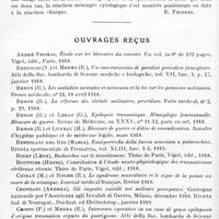 0650 - Page 624 - Analyses. Neurologie. Études générales. Méninges. La méningite cérébro-spinale aiguë abactérienne à grands mononucléaires, par G. Costantini. Riforma medica... / Nouvelles observations de spirochétose ictéro-hémorragique à forme méningée pure, par S. Costa et J. Troisier. Bulletins et mémoires de la Société médicale des hôpitaux de Paris... / Ouvrages reçus