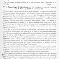 0697 - Page 671 - Analyses. Neurologie. Études spéciales. Organes des sens. Atrophie bilatérale du nerf optique chez un enfant, avec Wassermann positif et antécédents de convulsions infantiles, par F. Parkes Weber. Proceedings of the Royal Society of Medicine... Section for the Study of Disease in Children... / Otite moyenne aiguë avec paralysie du nerf de la VIe paire (Syndrome de Gradenigo), par Douglas Guthrie. Edinburgh medical Journal... / Sur la physiologie de l'audition, par Ugo Tommasini. Archivio di Fisiologia... / Accidents auriculaires nerveux purs, aigus ou subaigus dans la syphilis acquise, par Jacques Ramadier. Thèse de Paris, 1915...