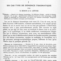 0731 - Page 705 - Mémoires originaux. Psychiatrie. I. Un cas type de démence traumatique, par R. Benon et G. Lefèvre
