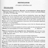 0799 - Page 771 - Analyses. Neurologie. Études générales. Physiologie. Proportions de substance blanche et de substance grise dans le cerveau humain, par A.-E. Taft. Journal of nervous and mental Disease... / Cause et inhibition de la rigidité des extenseurs, par Stanley Cobb, Albert-A. Bailey et Paul-R. Holtz. American Journal of Physiology... / Recherches expérimentales sur l'existence d'un courant lymphatique dans les nerfs, par L.-B. Alford et S.-I. Schwab. Journal of nervous and mental Disease...