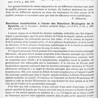 0812 - Page 784 - Analyses. Neurologie. Études spéciales. Méninges. Sur un cas de méningite ourlienne simulant une forme grave de méningite cérébro-spinale à méningocoques, par Marcel Lavergne. Archives de médecine des enfants... / Étude des différentes réactions données par le liquide céphalo-rachidien (Lymphocytose, Bisgaard-Ross-Jones, Wassermann) dans les manifestations syphilitiques, par Carl With. Brain... / Deuxième contribution à l'étude des réactions méningées de la syphilis, par B. Dujardin. Archives médicales belges...