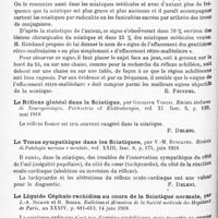 0818 - Page 790 - Analyses. Neurologie. Études spéciales. Nerfs périphériques. Un signe de sciatique : l'effacement rétro-malléolaire, par L. Rimbaud. Bulletin de la Société médicale des hôpitaux de Paris... / Le réflexe glutéal dans la sciatique, par Giuseppe Vidoni. Rivista italiana di Neuropatologia, Psichiatria ed Elettroterapia... / Le tonus sympathique dans les sciatiques, par V.-M. Buscaino. Rivista di Patologia nervosa e mentale... / Le liquide céphalo-rachidien au cours de la sciatique normale, par J.-A. Sicard et H. Roger. Bulletins et mémoires de la Société médicale des hôpitaux de Paris...