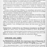 0820 - Page 792 - Analyses. Neurologie. Études spéciales. Nerfs périphériques. Les troubles ischémiques nerveux par blessures de guerre, par André Buquet. Thèse de Paris..., 1918 / Contractures consécutives aux blessures immédiates des muscles striés, par Camillo Negro. R. Accademia di Medicina di Torino... / Chirurgie des nerfs. La fasciculation des nerfs. Son importance dans le diagnostic, le pronostic et le traitement des lésions nerveuses, par A.-P. Dustin... Ambulance de l'Océan...