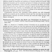 0824 - Page 796 - Analyses. Neurologie. Études spéciales. Chirurgie des nerfs. Traitement des lésions des nerfs par projectiles de guerre, par H. Delagenière. XXVIIe Congrès français de chirurgie... / Traitement des lésions des nerfs par projectiles de guerre, par J.-A. Sicard et C. Dambrin. XXVIIe Congrès français de chirurgie... / Une série de plaies de nerfs périphériques étudiées au point de vue chirurgical, par J.-L. Joyce. The British Journal of Surgery...