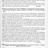 0891 - Page 855 - Analyses. Neurologie. Études spéciales. Nerfs périphériques. Neurotisation des muscles, paralysés au préalable, au moyen de nerfs moteurs qu'on y implante, par John-C.-A. Gerster et W.-C. Cunningham... Medical Record... / Anastomose nerveuse entre le médian et le brachial cutané interne, par Raffaele Minervini. Riforma medica... / Monoplégie brachiale post-opératoire, par Nicolini Federici. Riforma medica... / La paralysie périodique familiale, Pedro-Escuder Nunez. Premier Congrès national de médecine...