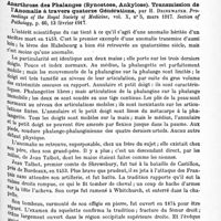 0905 - Page 869 - Analyses. Neurologie. Études spéciales. Glandes à sécrétion interne et syndromes glandulaires. Action antagoniste de l'extrait de ganglions lymphatiques et de l'adrénaline sur les organes à fibres musculaires lisses, par Alfredo Chistoni... Archivio di Fisiologia... / Dystrophies. Anarthrose des phalanges (Synostose, ankylose). Transmission de l'anomalie à travers quatorze générations, par H. Drinkwater. Proceedings of the Royal Society of Medicine... Section of Pathology...