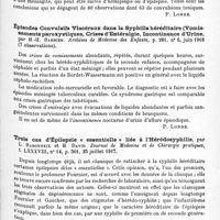 0909 - Page 873 - Analyses. Neurologie. Études spéciales. Névroses. Pronostic immédiat et lointain des convulsions infantiles, par André Collin et Thérèse Reron. Archives de médecine des enfants... / Épisodes convulsifs viscéraux dans la syphilis héréditaire (vomissements paroxystiques, crises d'entéralgie, incontinence d'urine, par H.-H. Barbier. Archives de médecine des enfants... / Trois cas d'épilepsie « essentielle » liée à l'hérédosyphilis, par L. Babonneix et H. David. Journal de médecine et de chirurgie pratiques... / Sur la nosographie de certaines névropathies caractérisées par des syndromes épileptoïdes à accès, par Giuseppe Pellacani. Rivista di Patologia nervosa e mentale...