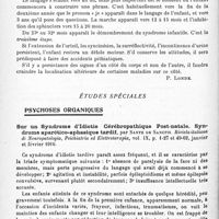 0914 - Page 878 - Analyses. Psychiatrie. Études générales. Sémiologie. Les étapes neuropsychiatriques de la naissance à trois ans, par André Collin et Mlle Godet. Archives de médecine des enfants... / Études spéciales. Psychoses organiques. Sur un syndrome d'idiotie cérébropathique post-natale. Syndrome aparético-aphasique tardif, par Sante de Sanctis. Rivista italiana di Neuropatologia, Psichiatria ed Elettroterapia...