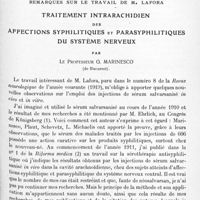 0937 - Page 901 - Mémoires originaux. Neurologie. IV. Remarques sur le travail de M. Lafora. Traitement intrarachidien des affections syphilitiques et parasyphilitiques du système nerveux, par le Professeur G. Marinesco...