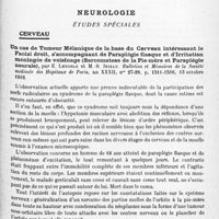 1007 - Page 971 - Analyses. Neurologie. Études spéciales. Cerveau. Un cas de tumeur mélanique de la base du cerveau intéressant le facial droit, s'accompagnant de paraplégie flasque et d'irritation méningée de voisinage (sarcomatose de la pie-mère et paraplégie neurale), par E. Lenoble et M.-R. Inizan. Bulletins et mémoires de la Société médicale des hôpitaux de Paris...