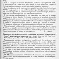 1011 - Page 975 - Analyses. Neurologie. Études spéciales. Moelle. Sur un essai encourageant d'autosérumthérapie intrarachidienne dans un cas de myélite suraiguë diffuse mortelle, vraisemblablement due au virus de la maladie de Heine-Medin, par Pierre Cazamian. Bulletins et mémoires de la Société médicale des hôpitaux de Paris... / Remarques sur la poliomyélite antérieure. Principes de son traitement. Applications pratiques, par Royal Whitman... Medical Record