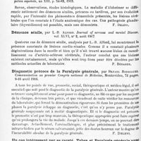 1018 - Page 982 - Analyses. Psychiatrie. Études générales. Psychoses organiques. Sur la maladie d'Alzheimer ou démence présénile avec symptômes en foyers, par Gonzalo-Rodriguez Lafora... Revista frenopatica espanola... / Démence sénile, par L.-B. Alford. Journal of nervous and mental Disease... / Diagnostic précoce de la paralysie générale, par Rafael Rodriguez. Communication au premier Congrès national de médecine... / Un cas intéressant par sa rareté. Tabes et paralysie générale avec hyperpituitarisme, par Falgueras de Ozaeta. Revista medica de Malaga...