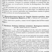 0137 - Page 71 - Société de neurologie de Paris. Séance du 8 janvier 1920. Communications et présentations. II. Traumatisme crânien et tuberculome cérébral, par M. A. Souques / III. Hyperalbuminose énorme du liquide céphalo-rachidien dans un cas de coagulation massive, par MM. A. Souques et P. Lantuéjoul / IV. Syndrome bulbaire inférieur unilatéral. Nystagmus rotatoire, par MM. André-Thomas et J. Jumentié