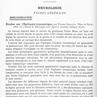 0154 - Page 88 - Analyses. Neurologie. Études générales. Bibliographie. Études sur l'épilepsie traumatique, par Pierre Béhague. Thèse de Paris, 1919...