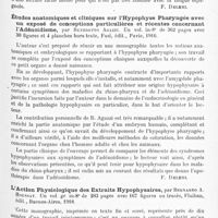 0159 - Page 93 - Analyses. Neurologie. Études générales. Bibliographie. L'âge critique (La Edad critica), par G. Maranon..., Biblioteca selecta de Medicina contemporanea, Sociedad esp. de Publicationes med... / Études anatomiques et cliniques sur l'hypophyse pharyngée avec un exposé de conceptions particulières et récentes concernant l'adénoïdisme, par Benedetto Agazzi..., Fusi, édit., Pavie, 1916 / L'action physiologique des extraits hypophysaires, par Bernardo A. Houssay..., Flaiban, édit., Buenos-Aires, 1919