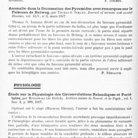 0162 - Page 96 - Analyses. Neurologie. Études générales. Anatomie. Myélinisation du corps calleux, par J.-M. Villaverde. Boletin de la Sociedad espanola de Biologia... / Anomalie dans la décussation des pyramides avec remarques sur le faisceau de Helweg, par Thomas G. Inmann. Journal of nervous and mental Diseases... / Physiologie. Étude sur la physiologie des circonvolutions rolandiques et pariétales, par Minkowski... Archives suisses de Neurol. et de Psych...