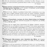 0167 - Page 101 - Analyses. Neurologie. Études spéciales. Cerveau. Amnésie globale des mots et paralysie homolatérale par hémorragie du lobe temporal, par F. Giannuli. Rivista di Patologia nervosa e mentale... / Aphasie motrice et paralysie faciale consécutives à un traumatisme cérébral grave. Guérison, par T. Isidori. Il Policlinico (sezione pratica)... / Aphasie et dysarthrie, à propos de deux observations de diplégie infantile, par Ad. d'Espine. Nouvelle iconographie de la Salpêtrière... / Cas d'apraxie idéo-motrice avec amnésie des mots, par Alberto Ziveri. Rivista di Patologia nervosa e mentale...