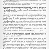 0175 - Page 109 - Analyses. Neurologie. Études spéciales. Cerveau. Les complications cérébrales et médullaires de la maladie de Vaquez (Érythrémie), par F. Naville et P. Brütsch... Archives suisses de neurologie et de psychiatrie... / Paraplégie par lésion cérébrale corticale guérie en apparence. Résidu paréto-spasmodique révélé par l'épreuve de la marche prolongée, par Long. Bulletin de la Réunion médico-chirurgicale de la 7e Région... / Deux cas du syndrome sensitif cortical chez les trépanés, par G. Roussy et J. Branche. Bulletin de la Réunion médico-chirurgicale de la 7e Région...