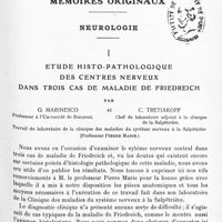 0179 - Page 113 - Mémoires originaux. Neurologie. I. Etude histo-pathologique des centres nerveux dans trois cas de maladie de Friedreich, par G. Marinesco... et C. Tretiakoff... (Travail du laboratoire de la clinique des maladies du système nerveux à la Salpêtrière)