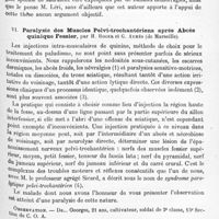 0445 - Page 369 - Société de neurologie de Paris. Séance du 15 avril 1920. Communications et présentations. V. Amyotrophies ascendantes, tardives et progressives, consécutives à des traumatismes fermés, par le Professeur A. Porot... / VI. Paralysie des muscles pelvi-trochantériens après abcès quinique fessier, par H. Roger et G. Aymès...