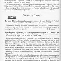 0460 - Page 384 - Analyses. Neurologie. Études générales. Technique. Une nouvelle épreuve au mastic du liquide céphalo-rachidien dans la syphilis cérébro-spinale, par James-A. Cutting. Journal of the American medical Association... / Études spéciales. Cerveau. Un cas d'aphasie amnésique, par Alberto Ziveri. Rivista di Patologia nervosa e mentale... / Contribution clinique et anatomo-pathologique à l'étude des aphasies musicales et transcorticales, par G. Mingazzini. Arch. suisses de neurol. et de psych...