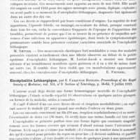 0480 - Page 404 - Analyses. Neurologie. Études spéciales. Épidémiologie. Dix cas de mouvements involontaires d'apparition rapide, pouvant se rattacher à l'encéphalite léthargique, par Pierre Marie et Mlle G. Lévy. Bulletins et mémoires de la Société médicale des hôpitaux de Paris... / Encéphalite léthargique, par E. Farquhar Buzzard. Proceedings of the Royal Society of Medicine... Section of Neurology...