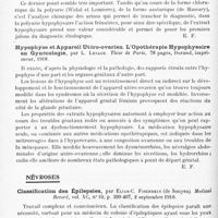 0558 - Page 482 - Analyses. Neurologie. Études spéciales. Glandes à sécrétion interne. Le rythme de la polyurie hypophysaire, par André Bergé et Ernest Schulmann. Presse médicale... / Hypophyse et appareil utéro-ovarien. L'opothérapie hypophysaire en gynécologie, par L. Lesage. Thèse de Paris..., 1918 / Névroses. Classification des épilepsies, par Elias-C. Fischbein... Medical Record... / Sur l'épilepsie tabagique, par Ettore Tedeschi. Riforma medica...
