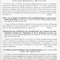 0559 - Page 483 - Analyses. Neurologie. Études spéciales. Névroses. Épilepsie, par L. Grimberg... Medical Record... / L'épilepsie et son traitement dans les dispensaires, par L. Grimberg... Medical Record... / Note sur le signe de Barany chez les épileptiques et chez les enfants des écoles, par Edward-A. Tracy... Boston medical and surgical Journal... / Recherches sur la réaction de l'anaphylaxie par rapport aux hypothèses toxiques de l'épilepsie et de la démence précoce, par Giuseppe Pellacani. Rivista Sperimentale di Freniatria... / Le réflexe oculo-cardiaque chez les épileptiques, par R. Giraud. Thèse de Lyon, 1916...