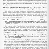 0562 - Page 486 - Analyses. Neurologie. Études spéciales. Névroses. Dilatation des ventricules latéraux, lésion fréquente dans l'épilepsie, par D.-A. Thom. Journal of nervous and mental Diseases... / Épilepsie essentielle et hérédo-syphilis, par L. Babonneix et H. David. Gazette des hôpitaux... / État de haut mal à crises subintrantes chez un jeune soldat première manifestation d'une urémie méconnue, par Moriez et Caffort. Réunion médico-chirurgicale de la 16e Région..., in Montpellier medical... / Remarques sur l'épilepsie, l'hystérie et la chorée dans un service de psychiatrie d'ambulance, par Henri Damaye. Progrès médical...